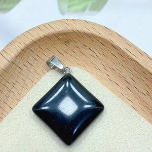 Black Obsidian Stone Square Shape Pendant Natural Stone Pendant Silver Jewelry